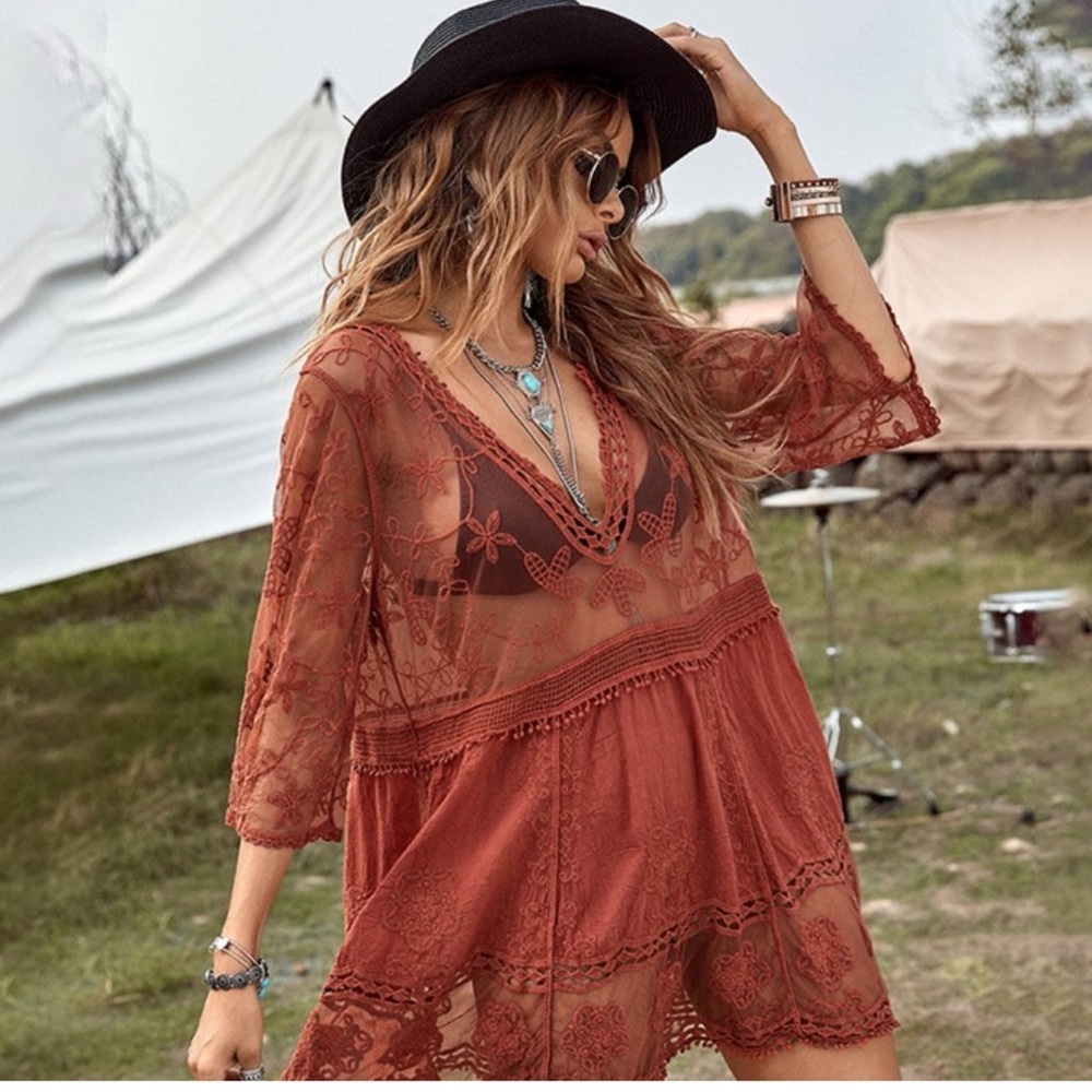 Boho Sheer Mesh Lace Deep V Neck Beach Swim Cover Up